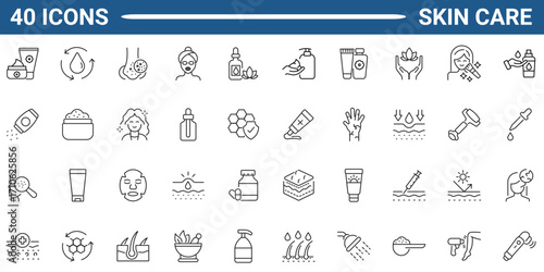 Skin care collections editable stroke outline web icons set. Skin care, cream, oil, treatment, cosmetic, beauty, facial, anti-aging, sun protection and more... Vector illustration