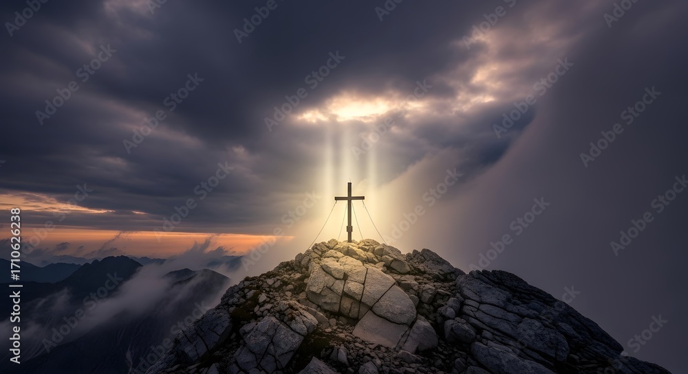 Obraz premium Solemn cross silhouetted against dramatic sky with divine light rays illuminating mountain peak