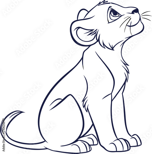 Minimalist Line Art of Lion Cub Sitting Vector, Lion Cub Line Art Vector, Minimal Lion Illustration, Sitting Lion Cub Outline