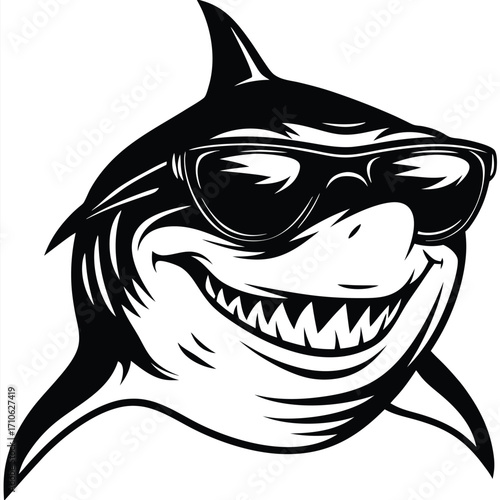 Black and white cartoon shark grinning with sharp teeth and wearing sunglasses exudes coolness