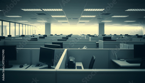 Desaturated office environment, cubicles, computer screens, boring routine, minimalist composition, cold lighting, corporate lifestyle, professional photography, emptiness feeling