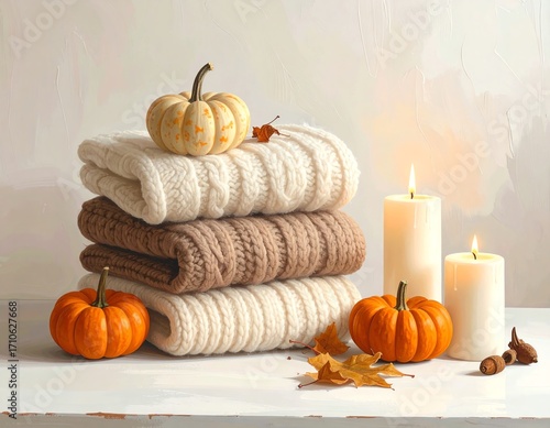 Cozy autumn scene with pumpkins and blankets.