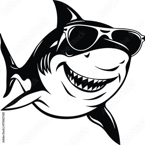 Black and white cartoon shark sports sunglasses and smiles with its sharp teeth