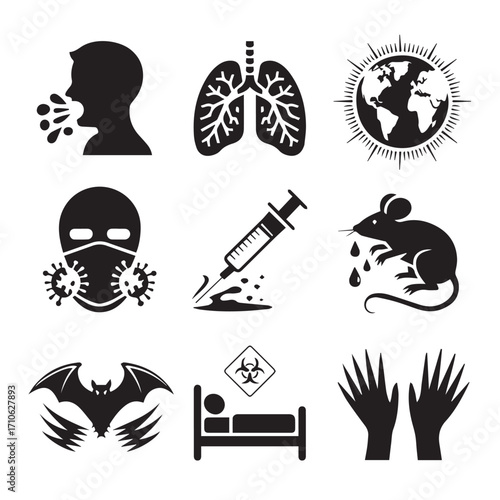 Collection of vector silhouette icons representing infectious diseases viruses and their transmission and prevention methods