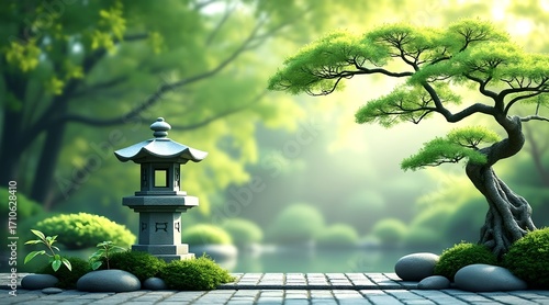 A minimalist Japanese garden themed image featuring a subject on the right, such as a stone lantern or a bonsai tree