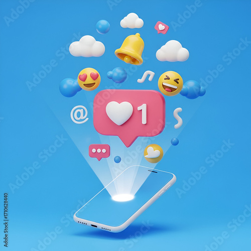 3d rendering of a smartphone projecting social media icons and notifications like likes, hearts, and emojis, symbolizing online communication and engagement