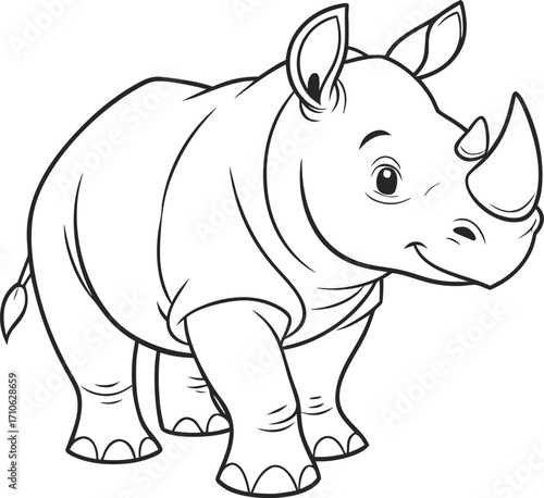 Baby Rhino with Horn Outline Simple Vector, Baby Rhino Line Art Vector, Minimal Rhino Illustration, Cute Rhino Outline