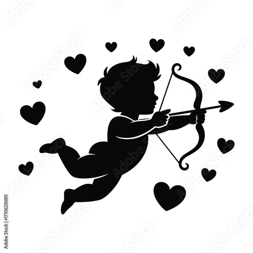 Silhouette of cupid with bow and arrow surrounded by hearts