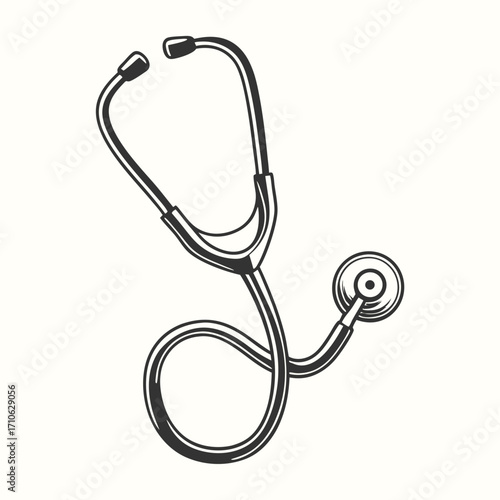 Black and white drawing shows a detailed illustration of a stethoscope