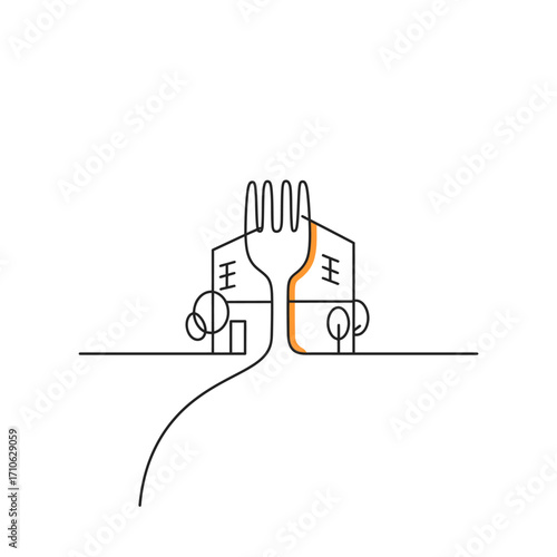 A sophisticated line art illustration cleverly integrates two abstract house forms and trees with a central fork, symbolizing home, food, and community.
