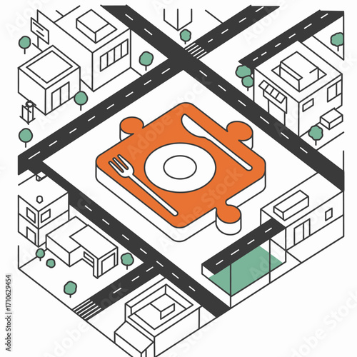 An isometric illustration depicts a stylized urban environment with buildings and roads, featuring a central puzzle piece icon representing a restaurant or food delivery.