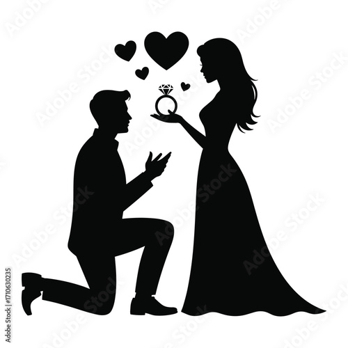 Silhouette of a man proposing marriage to a woman with hearts above