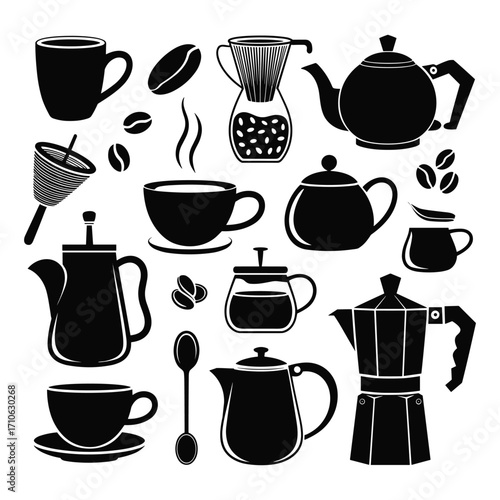 Coffee Brewing Vector Illustration Set with Pots, Cups, Beans, and Brewing Equipment
