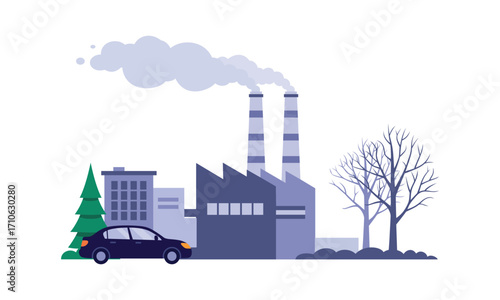 Environmental pollution factory with smoke coming out of chimney vector illustration