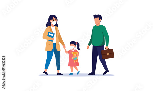 Family Wearing Masks Walking Together During Pandemic New Normal Lifestyle