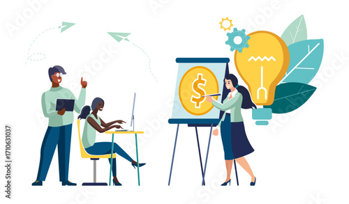 Business. Team work. African american ethnic workers people discuss investment growth financing idea, business women. Golden dollar coins on the banner, prosperity, profitability. Vector illustration