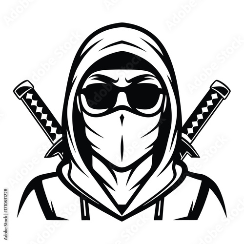 Black and white hooded figure wearing sunglasses and mask carries dual katanas behind him