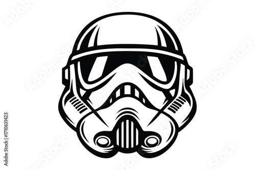 Black and white line art depicts a galactic soldier's helmet in format