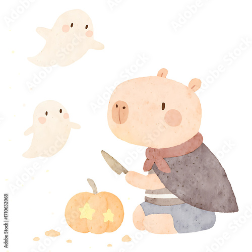 Cute Capybara Halloween Watercolor – Pumpkin Carving with Friendly Ghosts, Trick or Treat Illustration