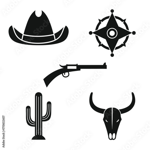 Black silhouette icons of cowboy hat cactus pistol compass and bull skull vector