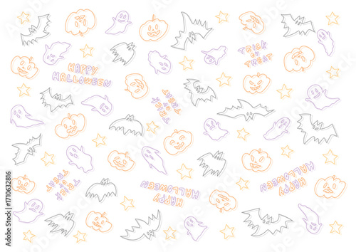 カボチャとおばけとコウモリのかわいいハロウィン線画模様