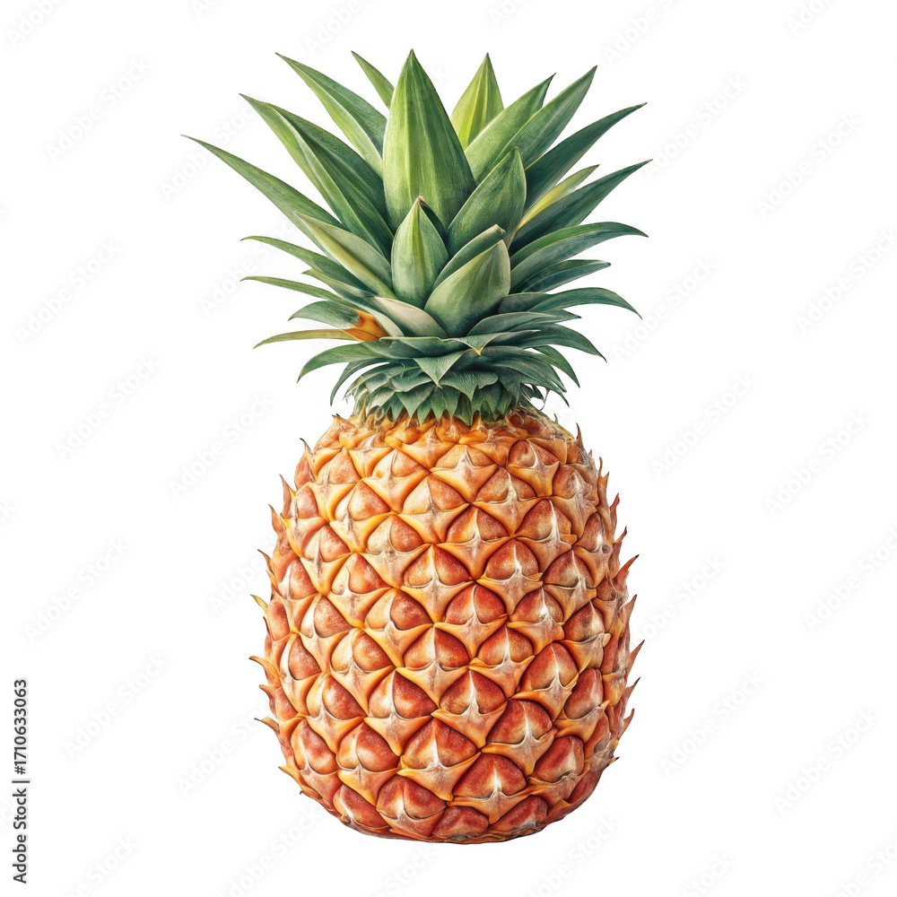 Fototapeta premium Fresh tropical pineapple with green leaves isolated on black studio background isolated on transparent background