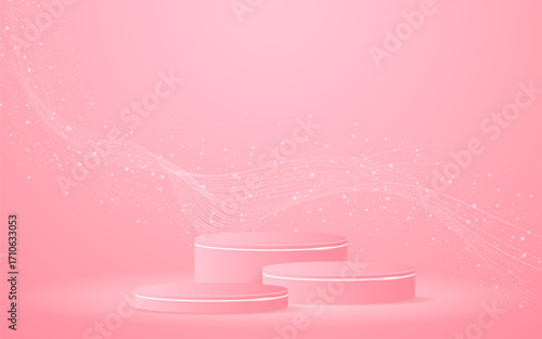 Pink podium with elegant white wave lines on the back for product presentation. Display of cosmetic products. Stage or podium. vector illustration	
