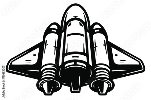 Black and white space shuttle takes off with massive engines from the ground