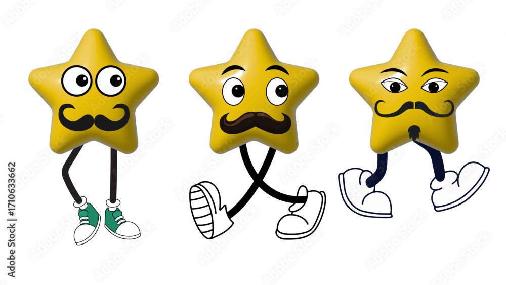 Obraz premium Set of cute yellow star-shaped emoticon vector illustration characters