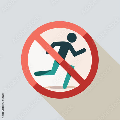 Abstract modern flat vector illustration of a no running prohibition sign, featuring a stylized figure in a red circle with a long shadow