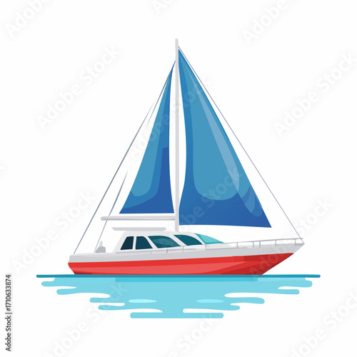 Modern sailing yacht with blue sails illustration