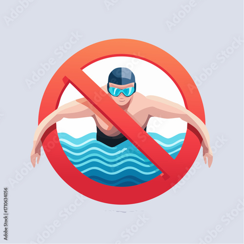 Clean vector graphic of a no swimming allowed sign. A flat, modern prohibition icon with a swimmer for restricted areas