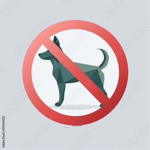 Stylish geometric vector sign of no dogs allowed, featuring a low-poly pet silhouette inside a red prohibition circle