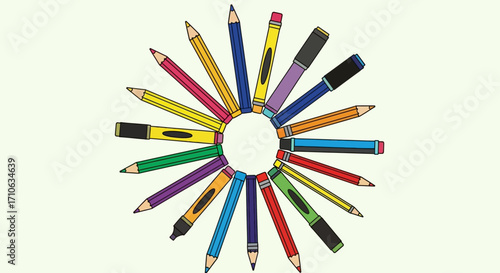 A vibrant circular arrangement of colorful pencils, pens, and markers radiating outwards against a light background, suggesting creativity and art supplies.