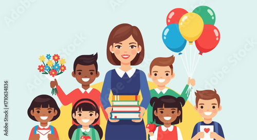 A smiling teacher surrounded by happy children holding gifts and balloons, celebrating.