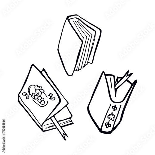 Whimsical doodle of three half-closed flying books with ribbon bookmarks. Hand-drawn black-line sketch, perfect for book clubs, literary branding, stickers, prints and cozy reading designs.