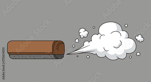 A brown rectangular eraser is depicted in motion, emitting a large cloud of white dust and particles into the air.