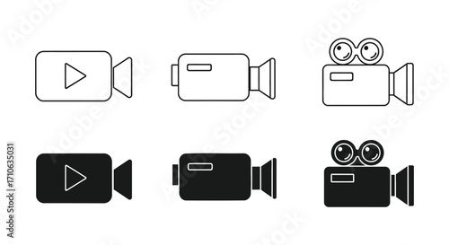 Vector art of video camera icon set featuring different styles and designs for representing video recording and filmmaking