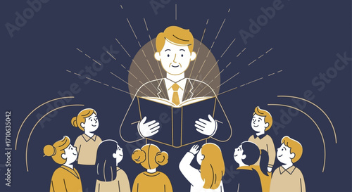 Illustration of a teacher reading a book to a group of children, radiating knowledge and enlightenment.