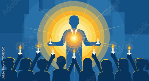 A silhouetted figure stands illuminated, holding candles, surrounded by a group of people also holding candles in a blue and yellow illustration.