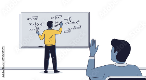 A teacher writes complex mathematical formulas on a whiteboard as a student raises their hand to ask a question in class.