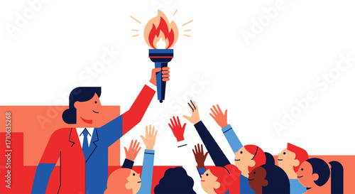 A female leader in a suit holds a flaming torch high above a diverse crowd of supporters reaching for it.