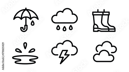 Vector art of weather icon set, including umbrella, rain cloud, rain boots, puddle, thunder cloud, and clouds, vector illustration