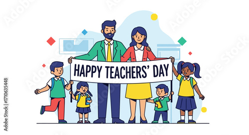 Male and female teachers celebrating Happy Teachers' Day with a group of smiling elementary school students holding a banner.