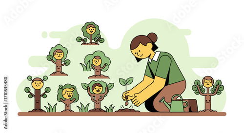 A person planting a sapling in a garden, surrounded by anthropomorphic trees with smiling faces, illustrating growth and nurturing.