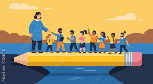 A diverse group of children and an adult stand on a giant yellow pencil, symbolizing education and learning, with a warm sky and water below.