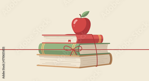 A vibrant red apple rests atop a stack of three colorful, bound books, tied together with a simple red string, on a muted, light-colored background.