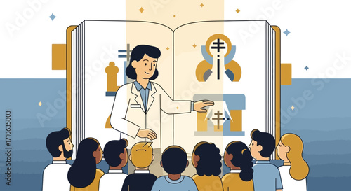 Teacher explains religious symbols from an open book to a diverse group of students.