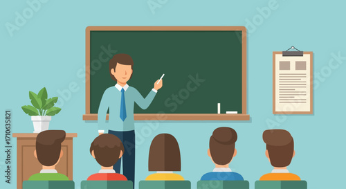 A male teacher instructs a group of students in a classroom setting with a chalkboard.