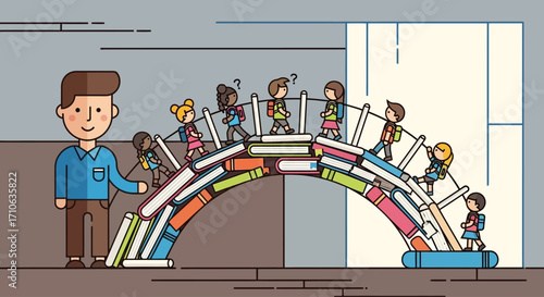 A male teacher stands beside a group of diverse children crossing an arched bridge constructed from numerous colorful books, representing the path of knowledge and learning.